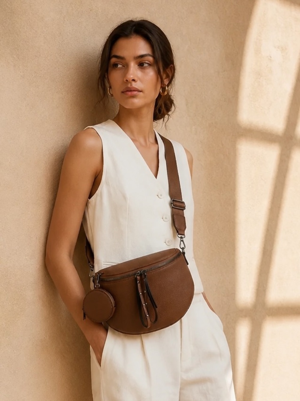 Women’s Brown Pebbled Crossbody Belt Bag with Coin Pouch - Picture 2 of 16